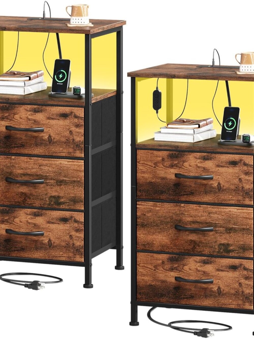 Nightstands Set of 2,Bedside Tables with Charging Station and LED Lights,Night S